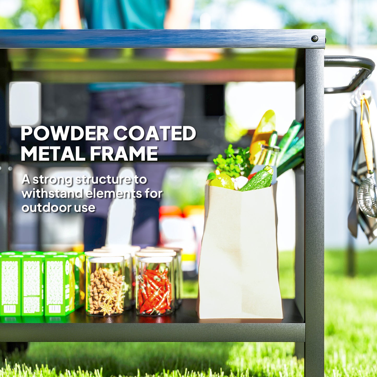 Outsunny Outdoor Grill Dining Cart, 2-Shelf Pizza Oven Table with Stainless Steel Top, BBQ Trolley Station with Hooks, Wheels, Handle, Charcoal Grey