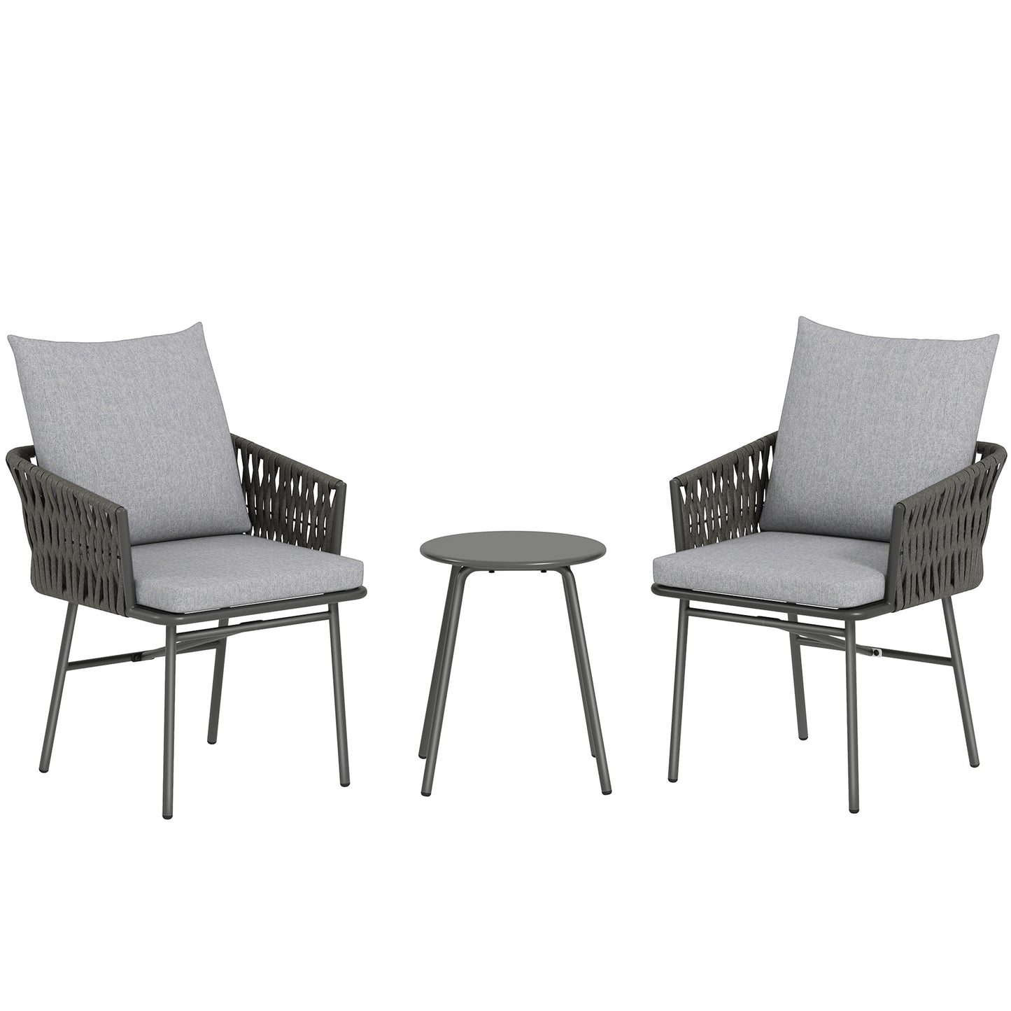 Outsunny 3-Piece Rattan Bistro Set, Garden Table and Chairs with 4 Cushions, Patio Rattan Conversation Furniture Set for Balcony, Porch, Terrace, Grey