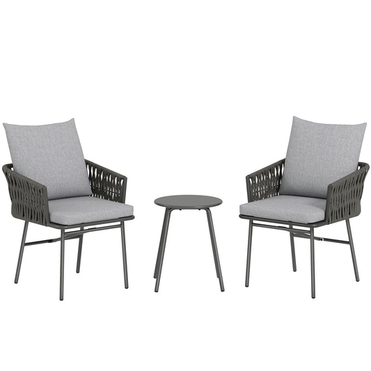 Outsunny 3-Piece Rattan Bistro Set, Garden Table and Chairs with 4 Cushions, Patio Rattan Conversation Furniture Set for Balcony, Porch, Terrace, Grey