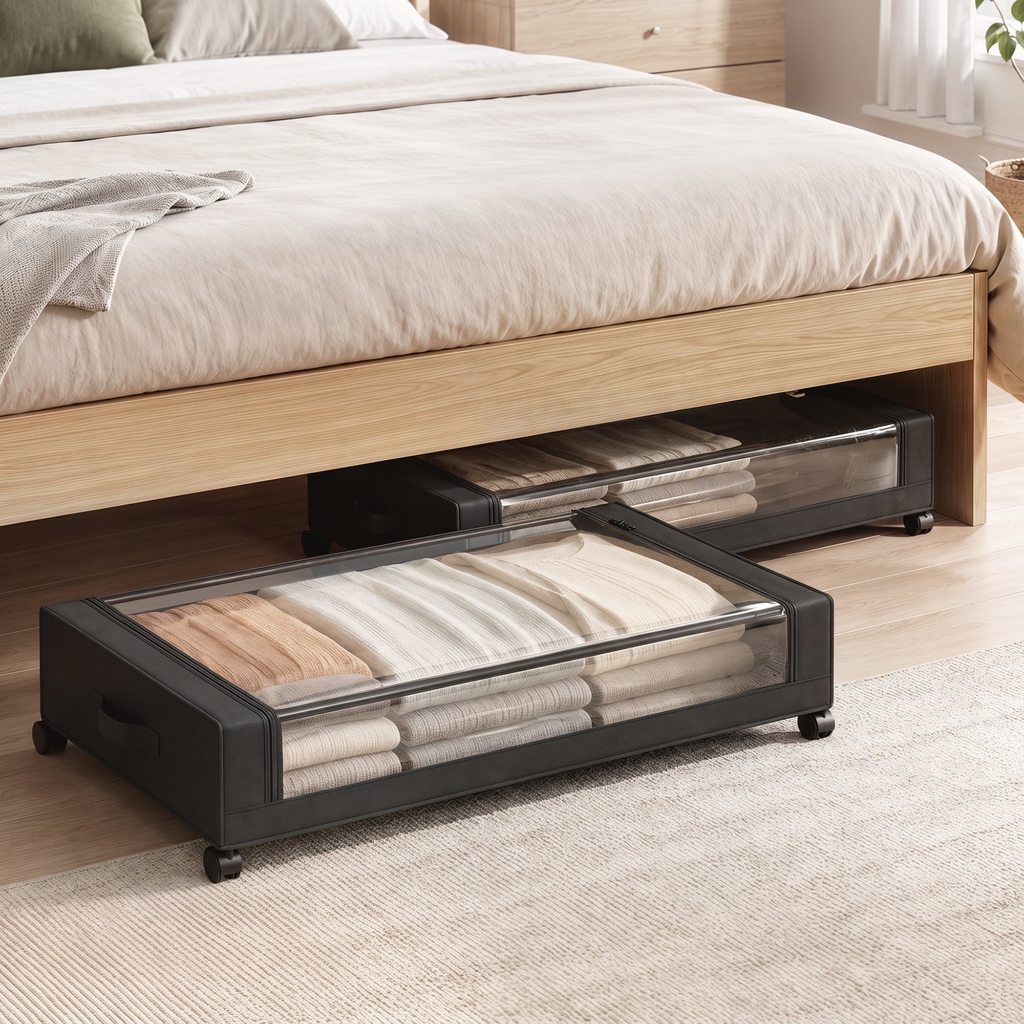 HOMCOM 40L Under Bed Storage On Wheels Pack of 2, Fabric Rolling Under Bed Drawers with Clear Lid, Zip, Steel Frame, Black