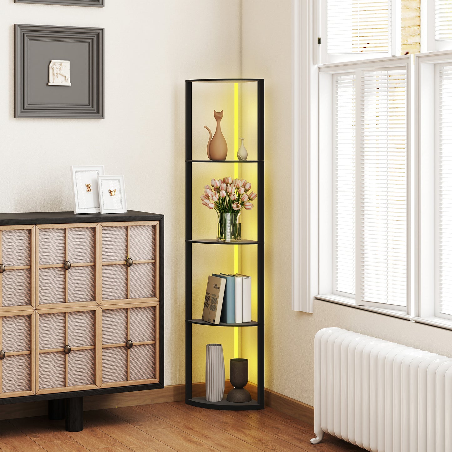 HOMCOM RGB LED Floor Lamp with Shelves, 5-Tier Dimmable Lamp with Remote, Modern Corner Display Shelf for Living Room/Bedroom/Office, Black