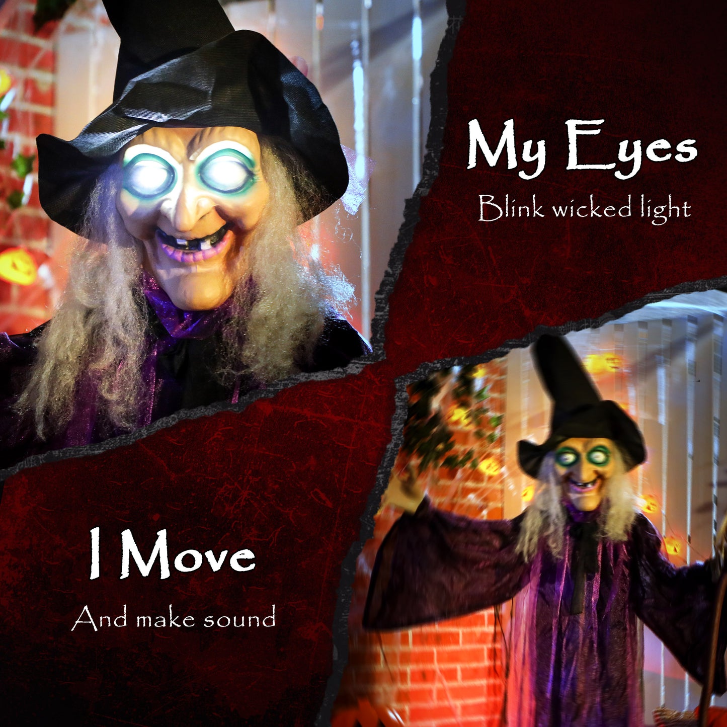 Outsunny 183cm Life Size Halloween Animated Witch & Broomstick with Glowing LED Eyes, Battery Operated Indoor Party Props, Spooky Halloween Decor