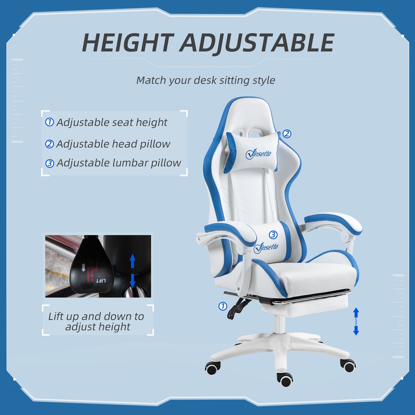 Vinsetto Racing Gaming Chair, Reclining PU Leather Computer Chair with 360 Degree Swivel Seat, Footrest, Removable Headrest and Lumber Support, White and Blue