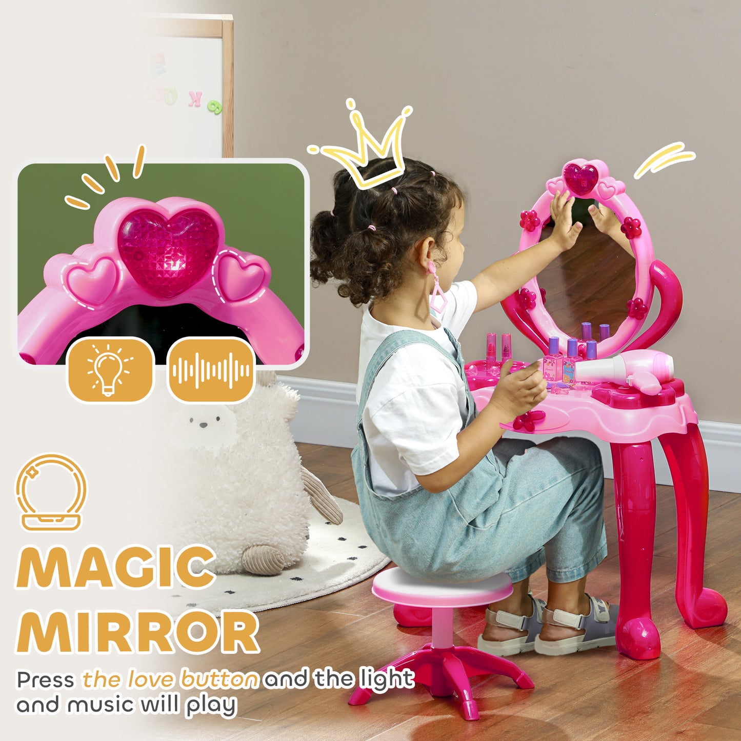 AIYAPLAY Kids Dressing Table with Mirror and Stool, Light, Music, 15 Accessories, for 3-6 Years Old, Pink