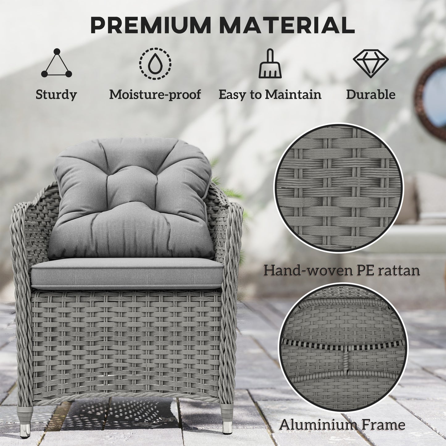 Outsunny 6 Seater Rattan Dining Set with Cushions, PE Rattan Garden Furniture, Rectangular Glass Table with Umbrella Hole, Light Grey