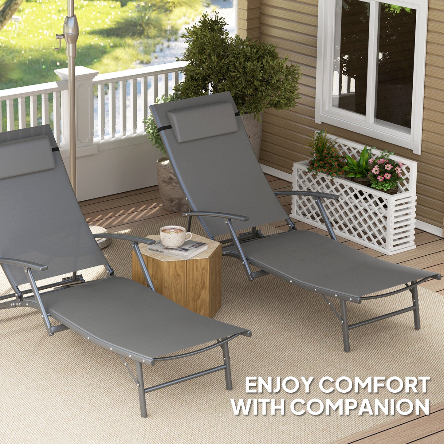Outsunny Set of 2 Folding Sun Loungers, 4-Position Adjustable Outdoor Chairs with Armrests, Pillows, Grey