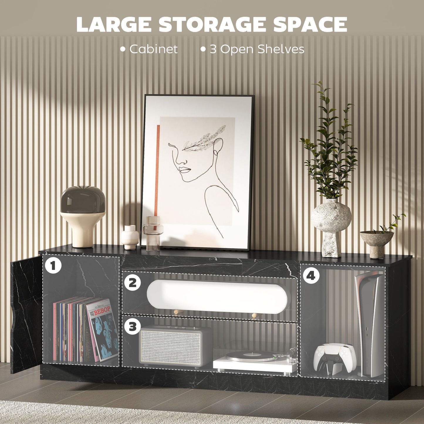 HOMCOM TV Stand Cabinet, Marble Effect, Glass Shelf & Storage for up to 55" TVs, Entertainment Unit for Living Room/Bedroom, Black