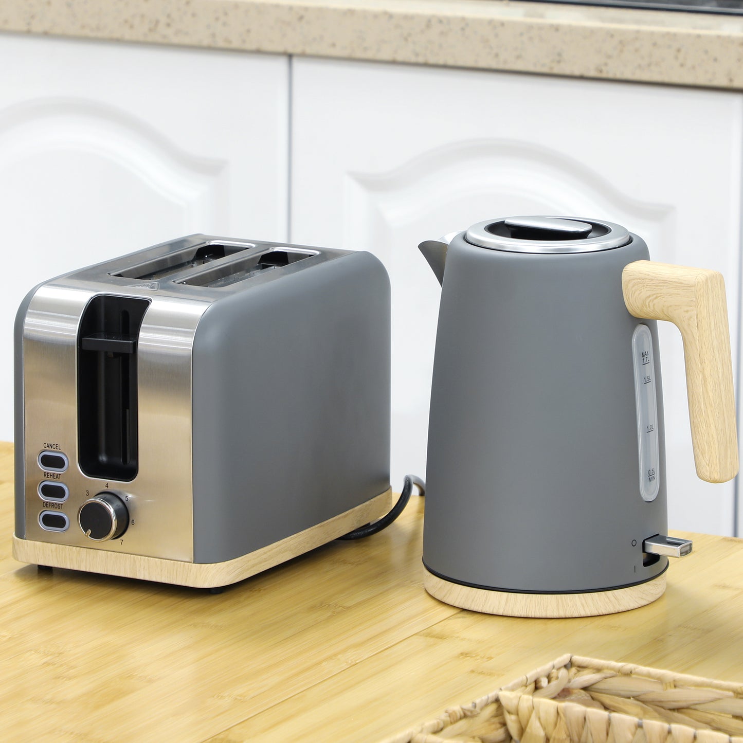 HOMCOM Kettle and Toaster Set, 1.7L 3000W Fast Boil Kettle & 2 Slice Toaster with 7 Browning Levels, Grey