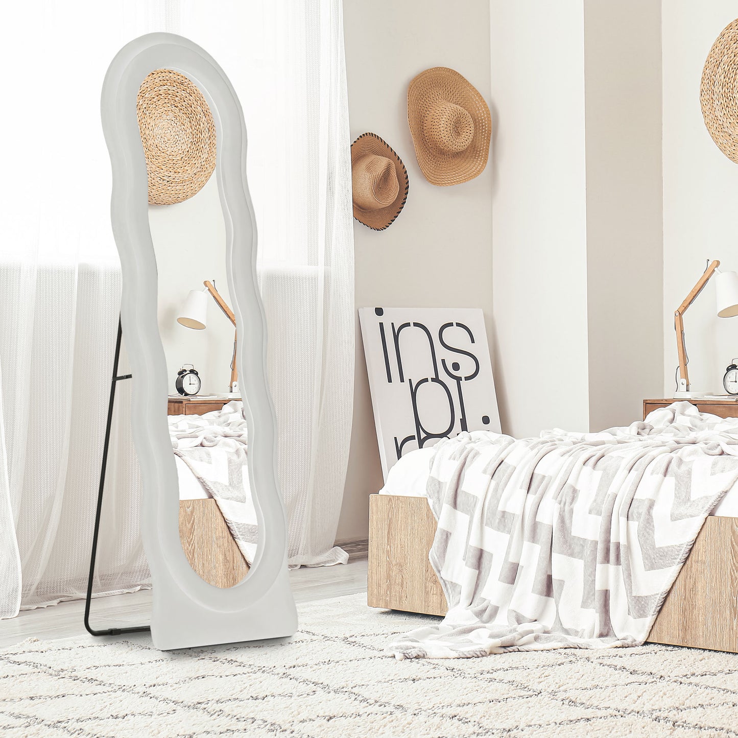 HOMCOM Wavy Velvet-Feel Ripple Full Length Mirror - White