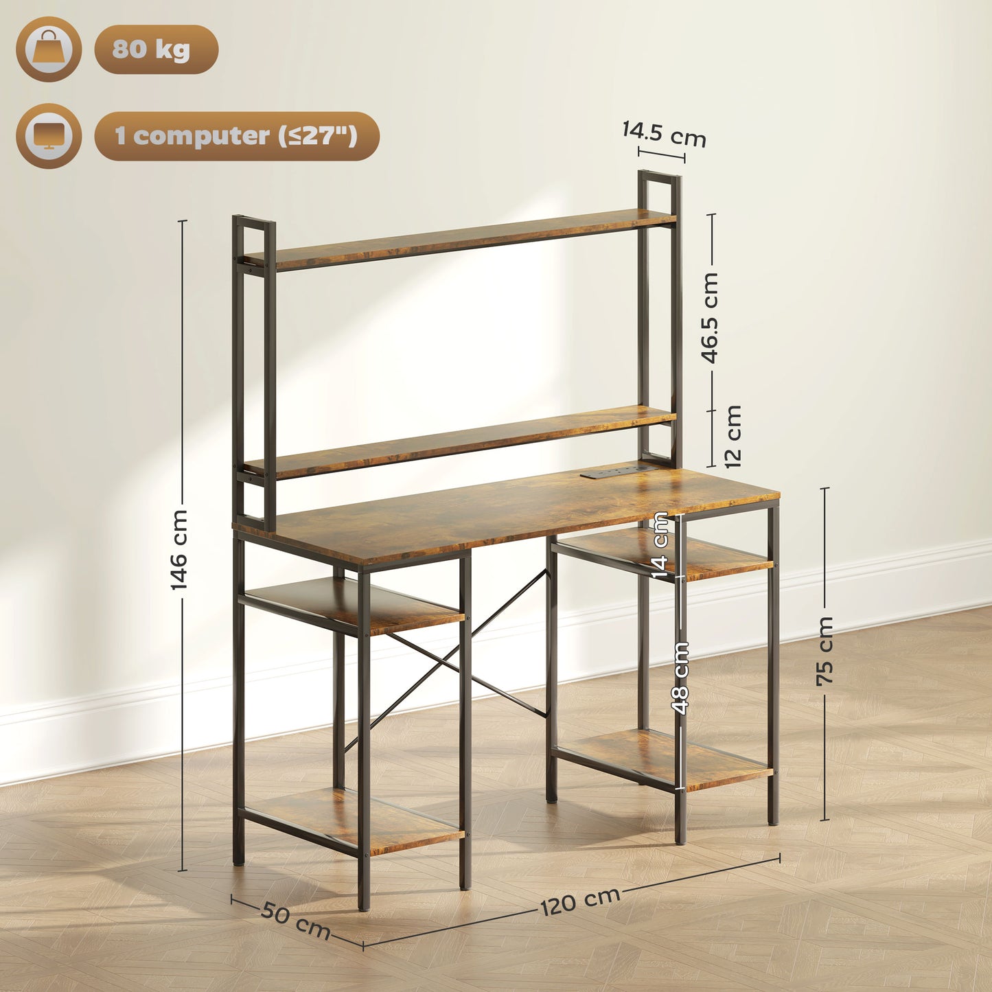 HOMCOM Computer Desk with Power Outlets, LED Lights, Monitor & 2 CPU Stands, Gaming Desk with Hutch, Rustic Brown