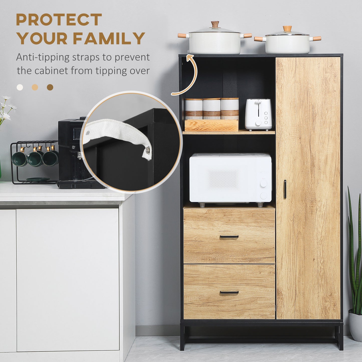 HOMCOM Tall Kitchen Cupboard, Freestanding Kitchen Pantry Cabinet with Adjustable Shelves, Drawers and Soft Close Door, 160cm