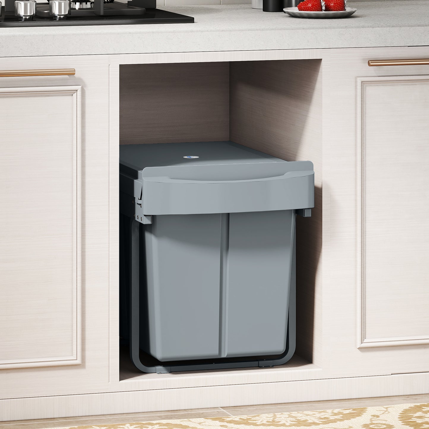 HOMCOM Pull Out Bin, 40L with Smooth Glide, Frosted Storage Lid, 2 Removable Compartments for Waste & Recycling, Kitchen Under Sink, Grey