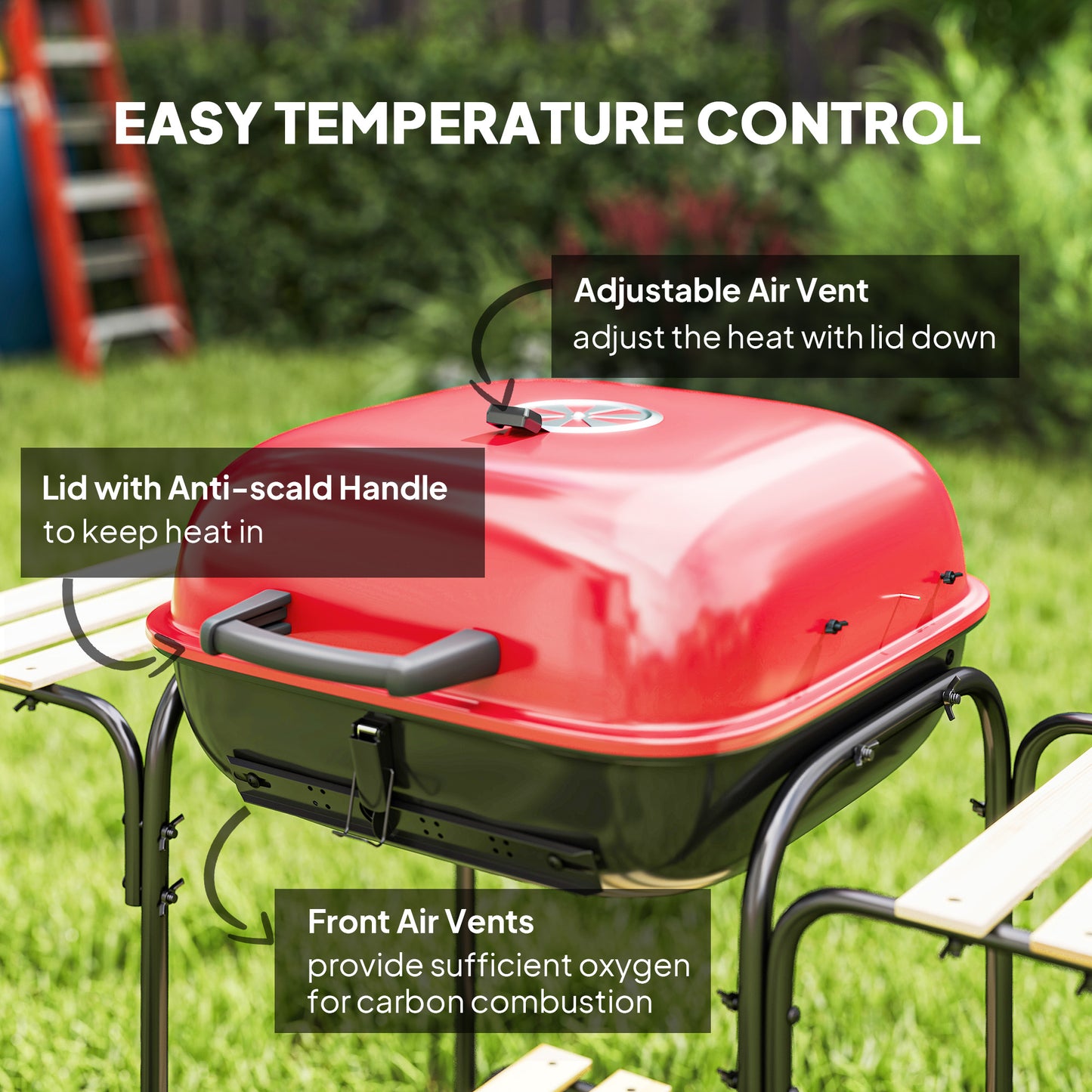 Outsunny Portable Charcoal BBQ Grill, 1840 cm² Cooking Area, 3 Shelves, Adjustable Vent, Lockable Lid, Wheels, Outdoor, Red