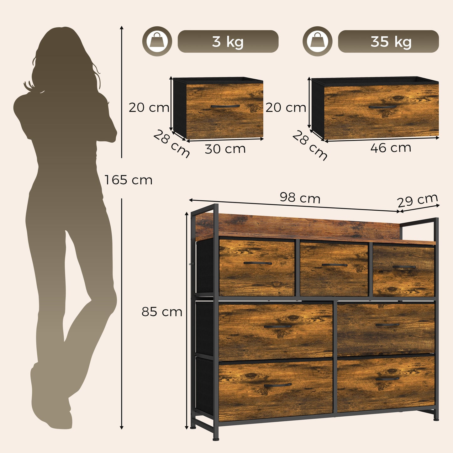 HOMCOM Chest of Drawers with 7 Drawers, Industrial Fabric Storage Unit with Top Shelf and Steel Frame for Bedroom, Rustic Brown