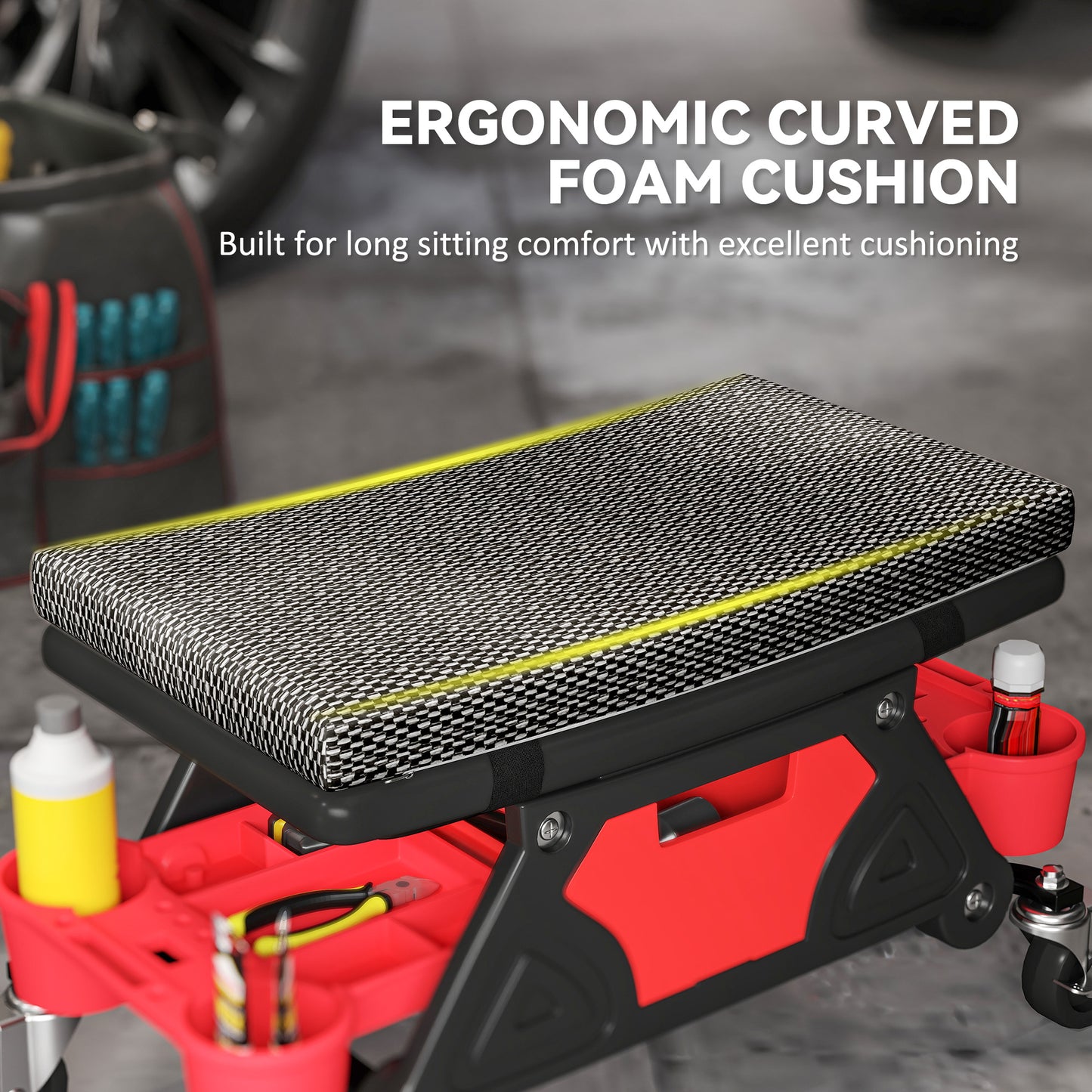 HOMCOM Rolling Mechanic Stool, 135kg Capacity, 360° Swivel, Padded Creeper Seat with Wheels, Tool Trays & Drawer for Garage, Auto Repair, Black