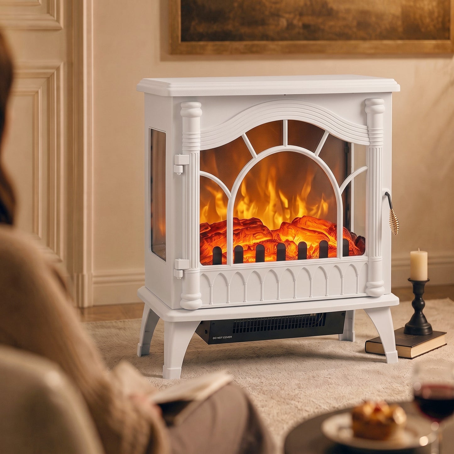 HOMCOM 3-Sided Glass Electric Fire Fan Heater, Electric Fireplace Stove Freestanding Log Burner with Flame Effect, White