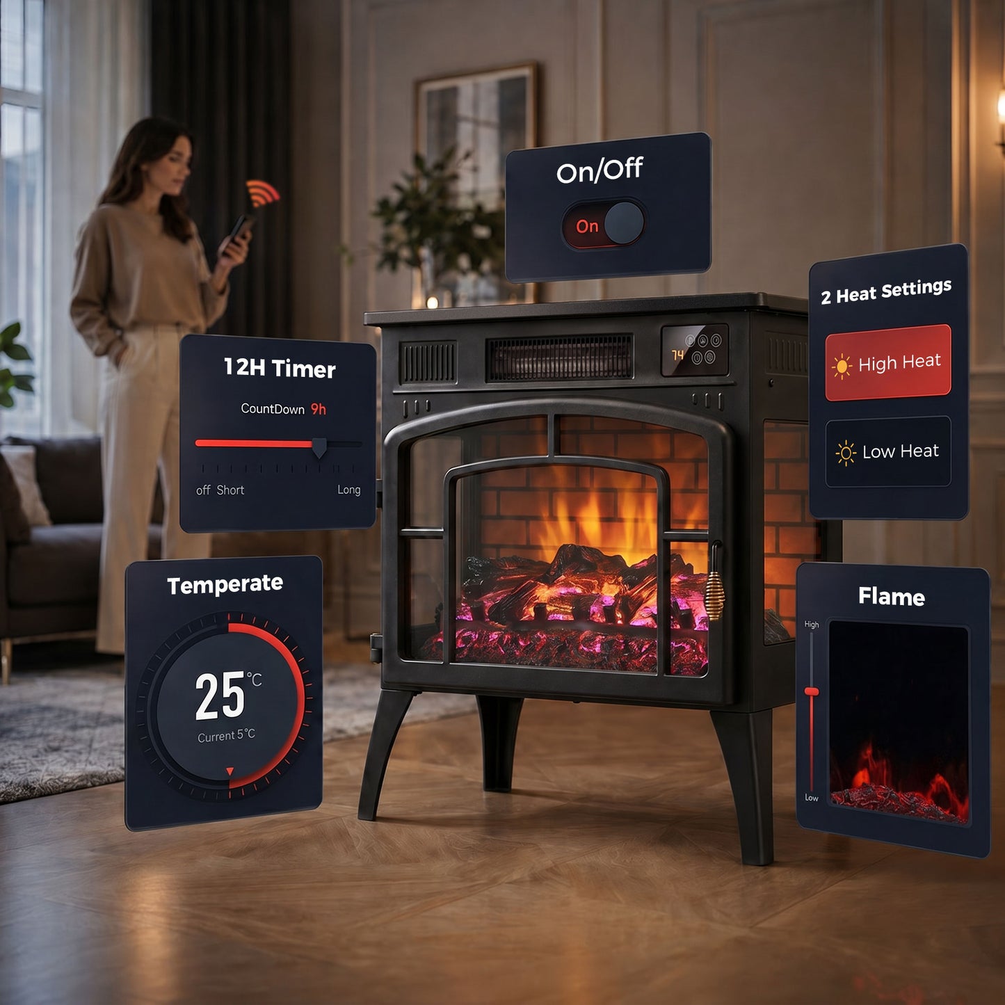 HOMCOM Smart Electric Fireplace Stove Log Burner, 3-Sided Glass WiFi Electric Fire Heater w/ 5-Colour Flame, Black
