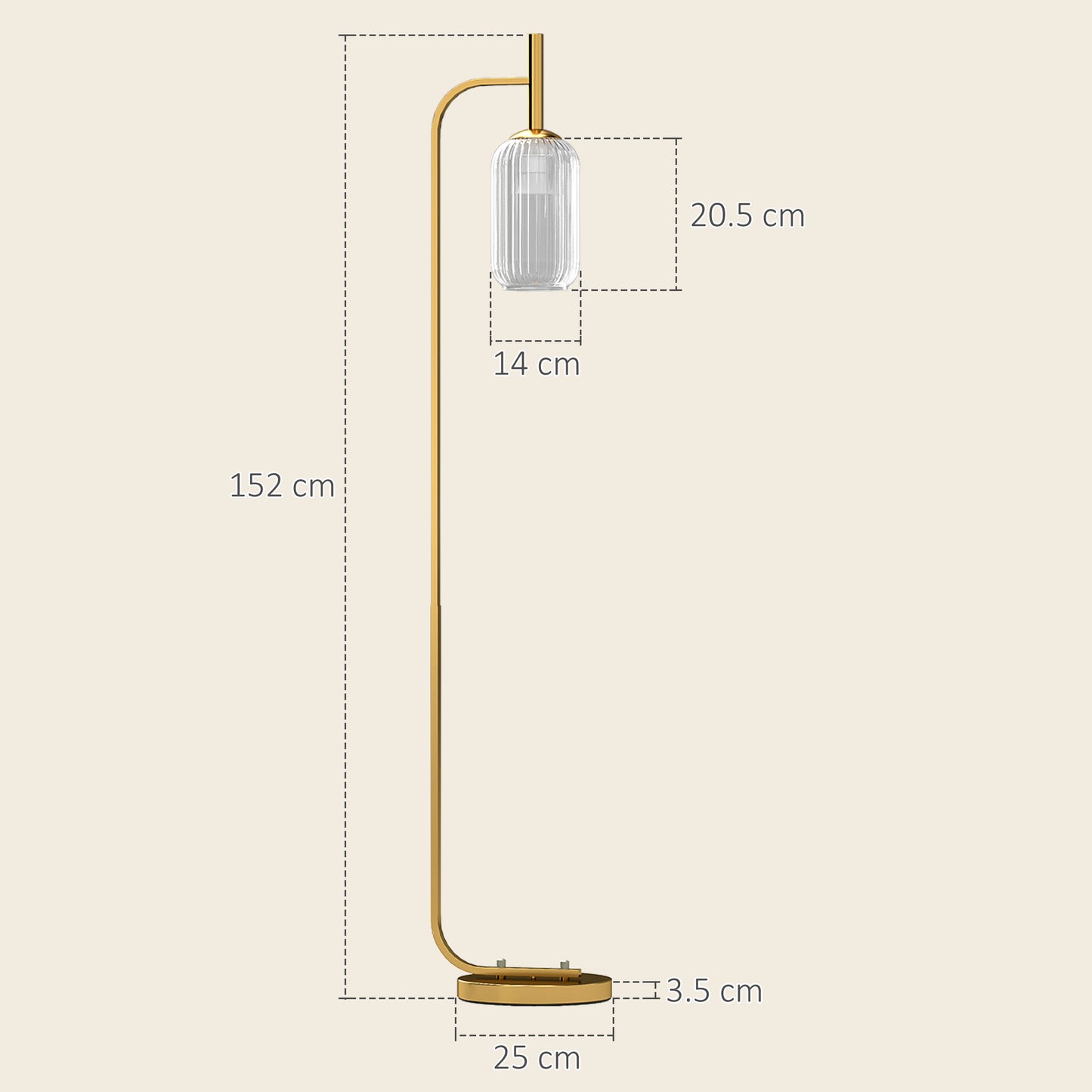 HOMCOM LED Floor Lamp with Glass Shade, Modern Standing Lamp with Foot Switch, Adjustable Brightness 2700K for Bedroom, Gold Tone