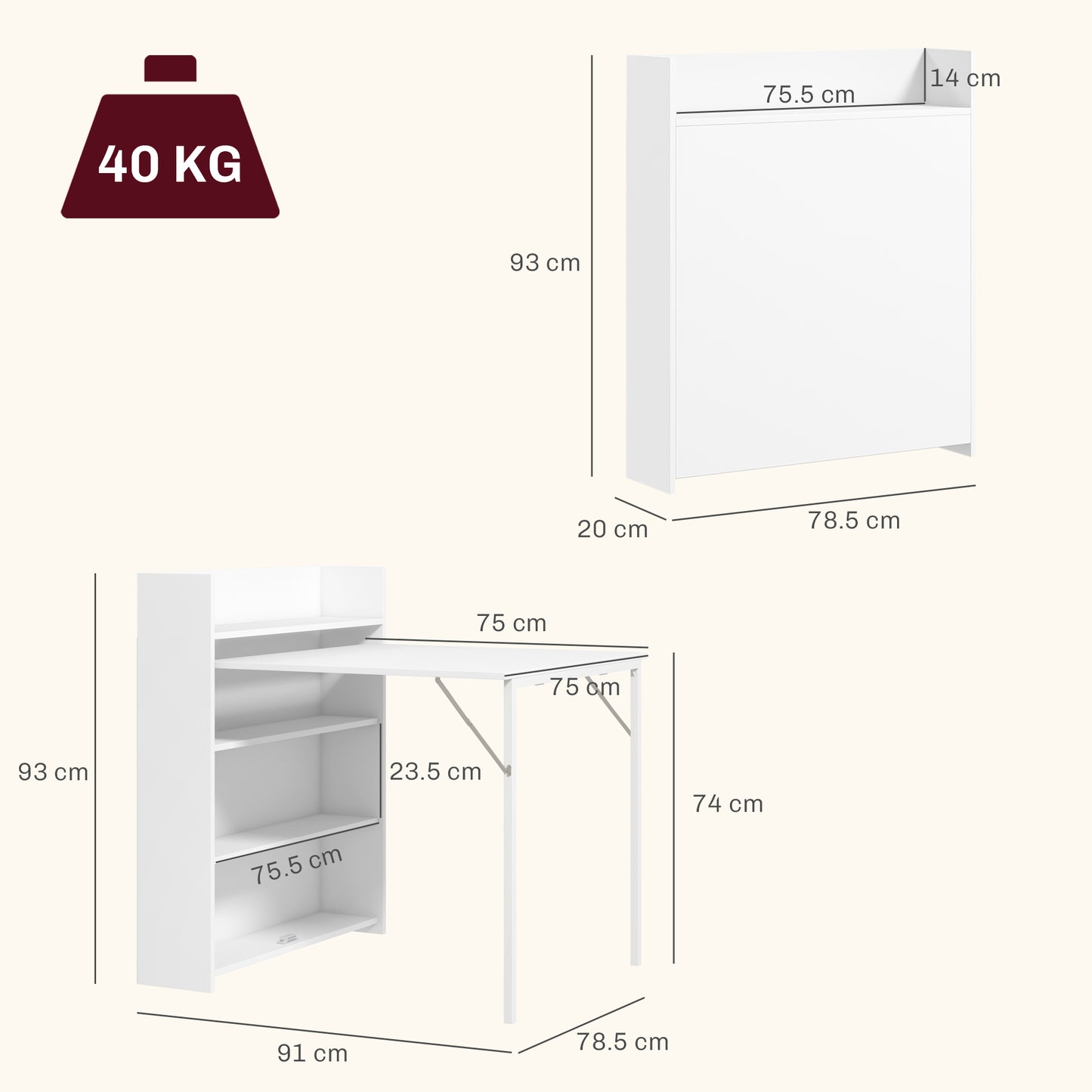 HOMCOM Kitchen Table, Folding Dining Table, with 4-Tier Shelves, Modern Drop-Leaf Table, White