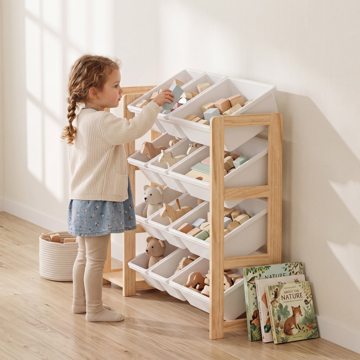AIYAPLAY Toy Storage Organiser with 3 Shelves and 12 Bins, Wooden Toy Organiser for Playroom, Bedroom, Nursery, Natural