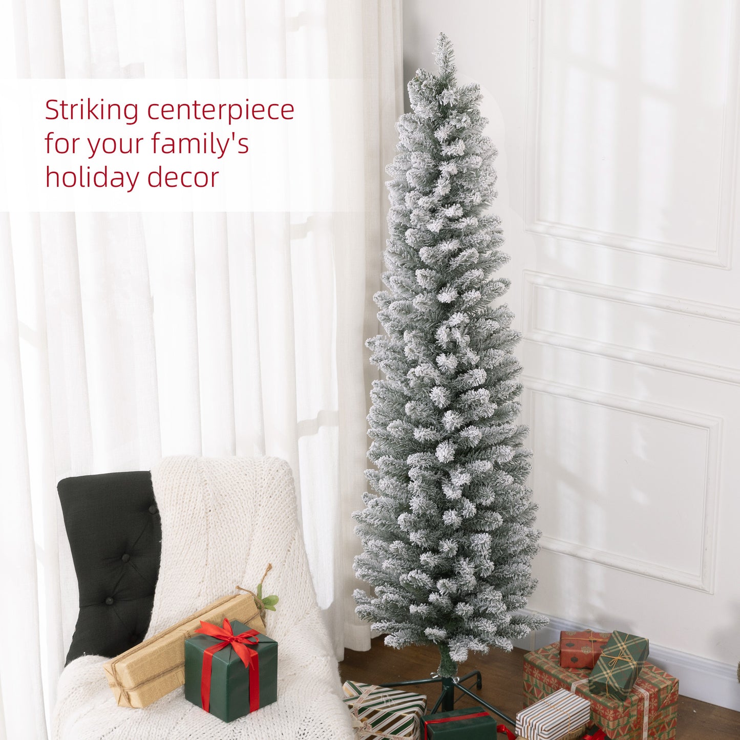 HOMCOM 6ft Artificial Snowy Pencil Christmas Tree - Green
