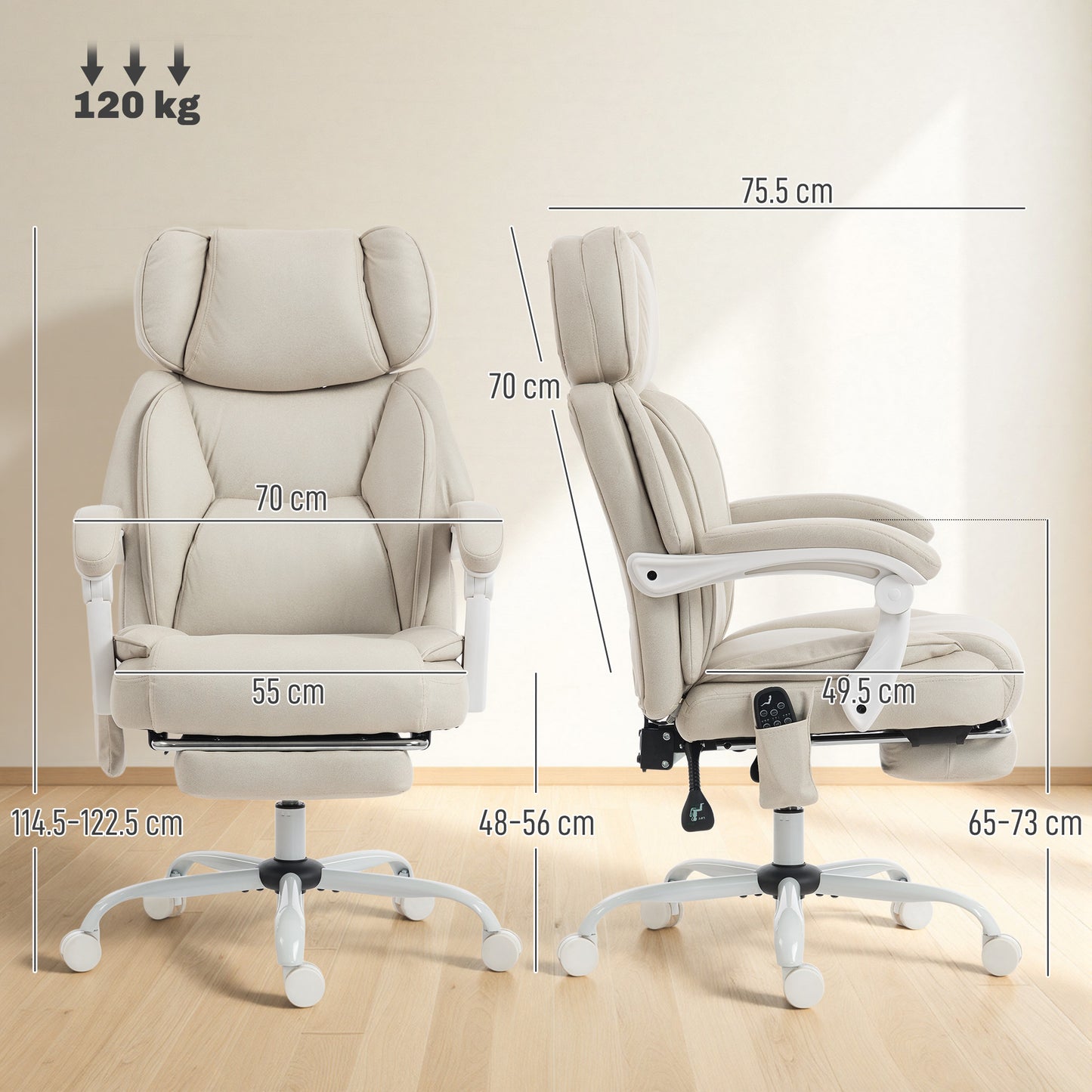HOMCOM Office Chair with Massage, Heat, Adjustable Headrest, Leathaire‌ Reclining Desk Chair with Footrest, Cream White