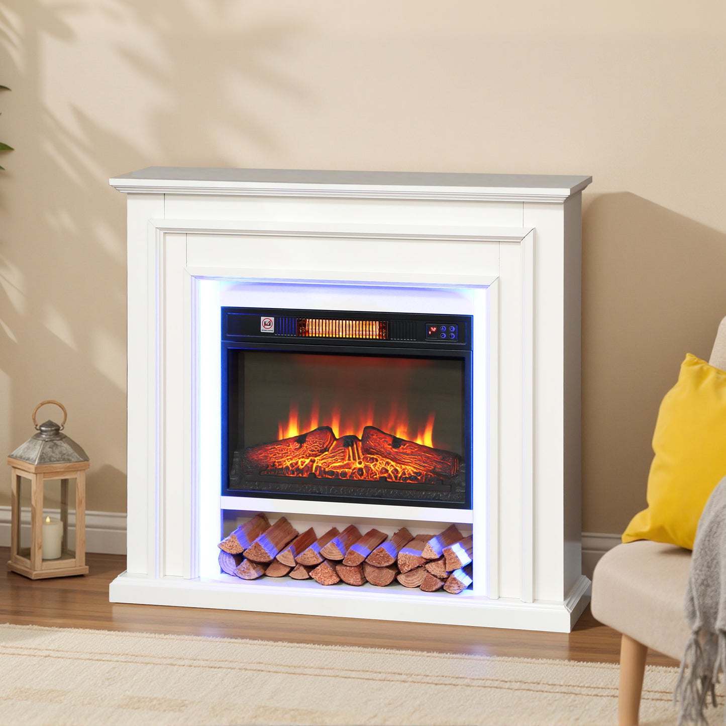HOMCOM Electric Fireplace, RGB LED, Real Flame, 3 Brightness, 1800W, 30m² Coverage, Remote & Timer, Inset Fire & Mantel for Living Room, White