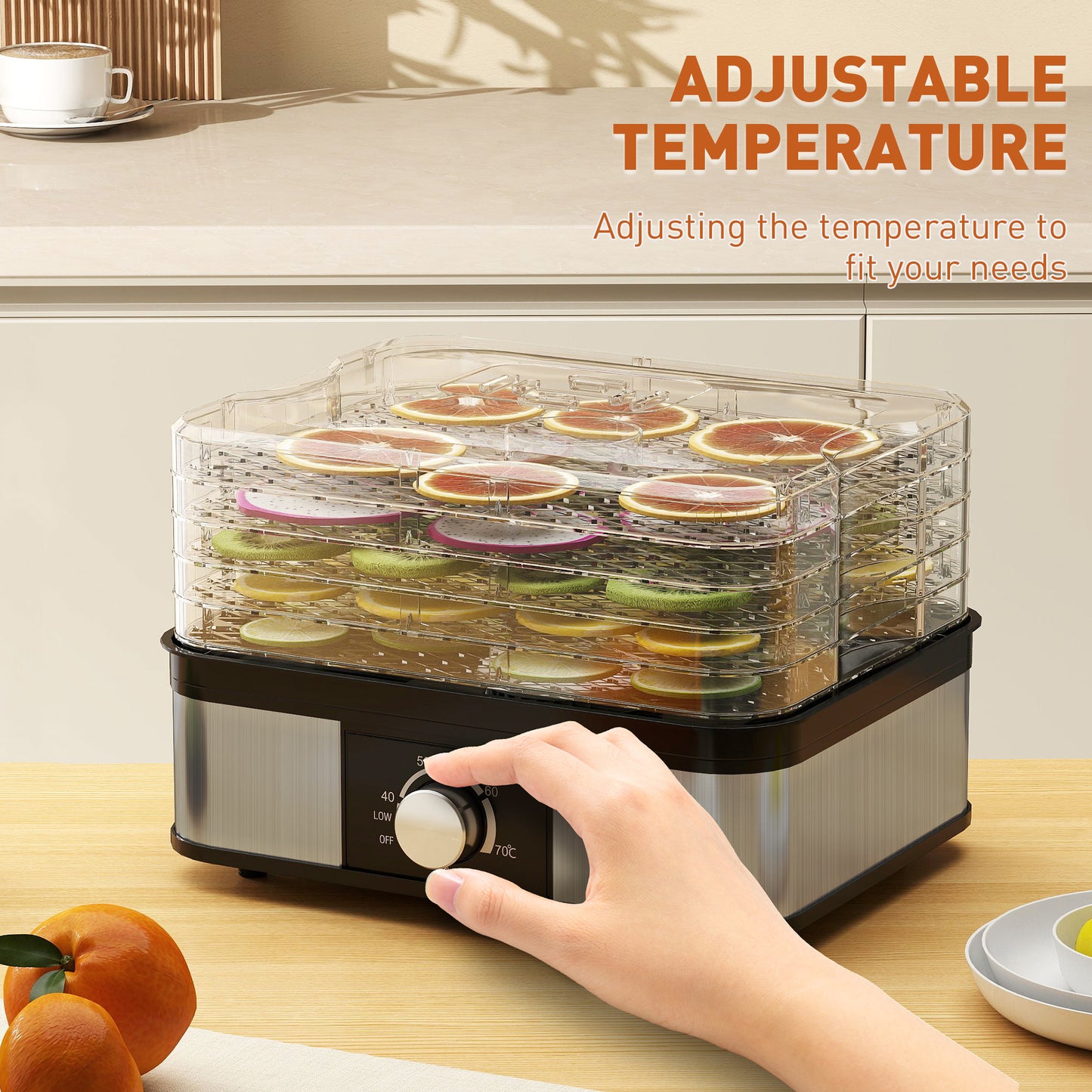 HOMCOM 5 Tier Food Dehydrator, 245W Stainless Steel Dryer with Adjustable Temperature for Fruit, Meat, Vegetables, Jerky & Pet Treats, Black