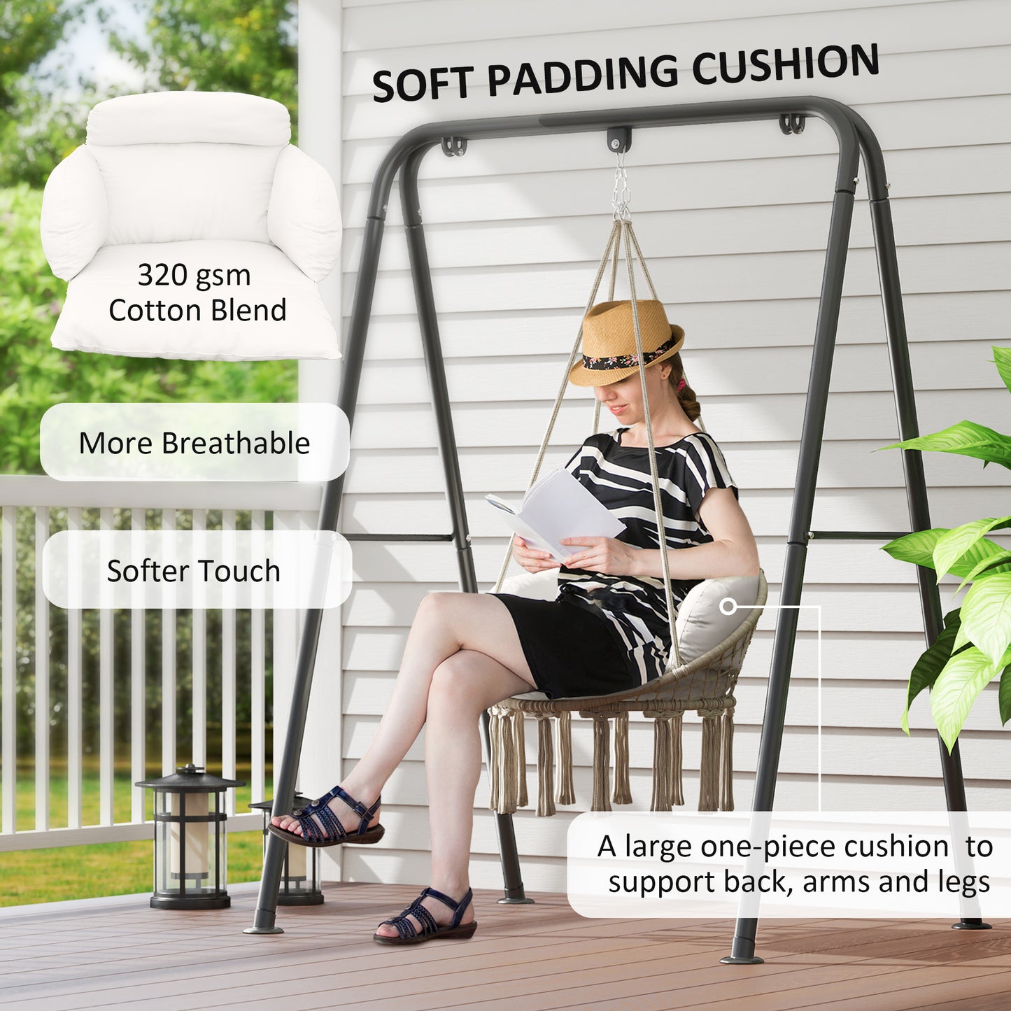 Outsunny Hanging Chair Outdoor Hammock with Cushion, Cotton Rope Boho Style Swing Seat for Indoor/Outdoor, Cream White