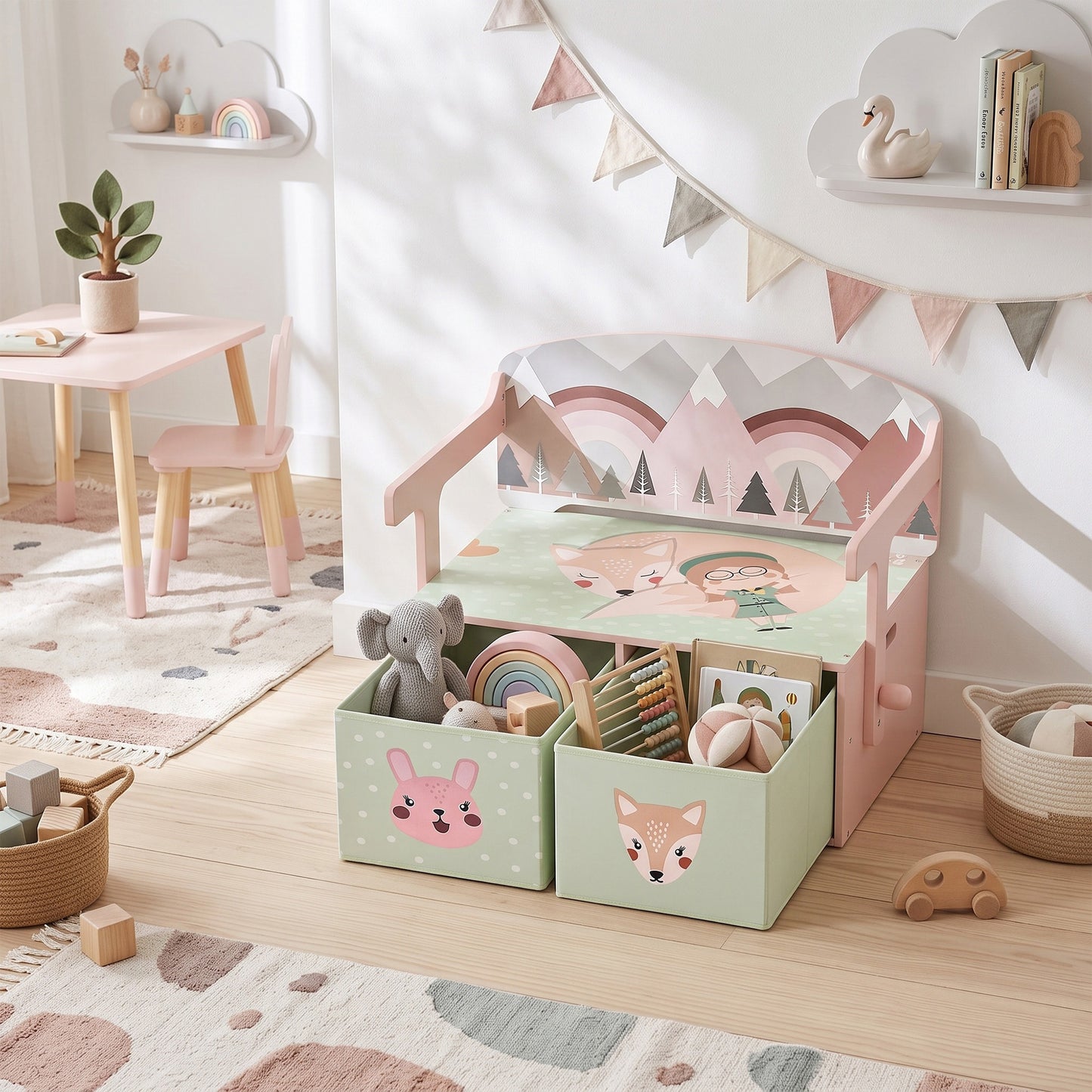 AIYAPLAY Kids Table and Chair Set, 3 in 1 Wooden Toy Box with 2 Fabric Drawers for Bedroom, Playroom, Gift for Boys Girls, Pink