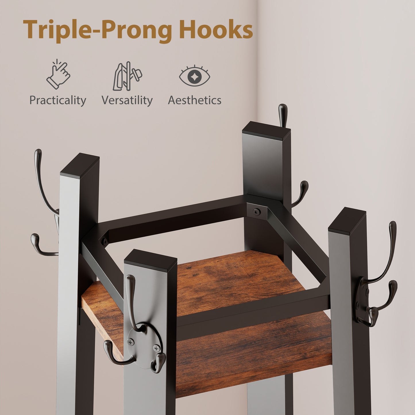 HOMCOM Industrial Coat Stand with 8 Hooks and 4 Shelves - Rustic Brown