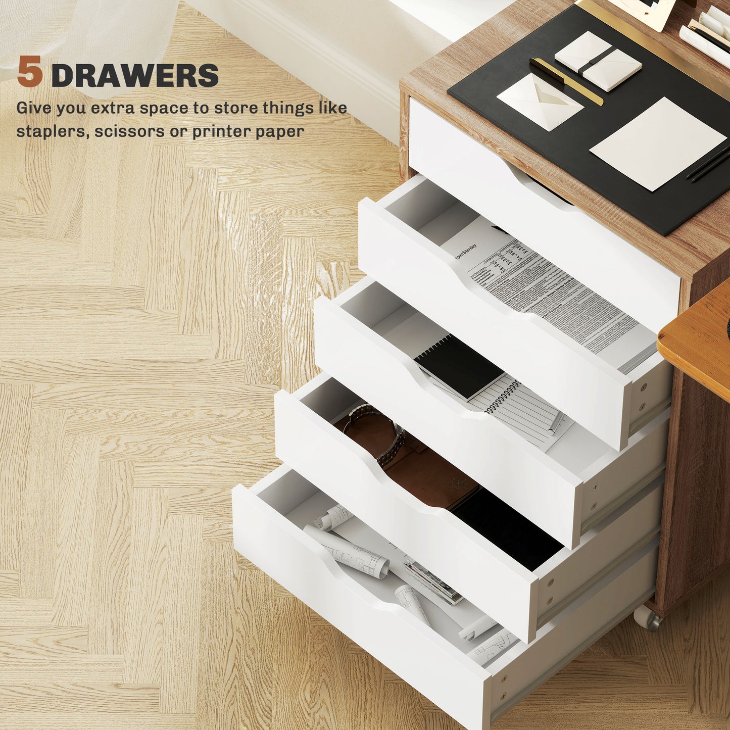 Vinsetto Five-Drawer Filing Cabinet, with Wheels - Oak Brown