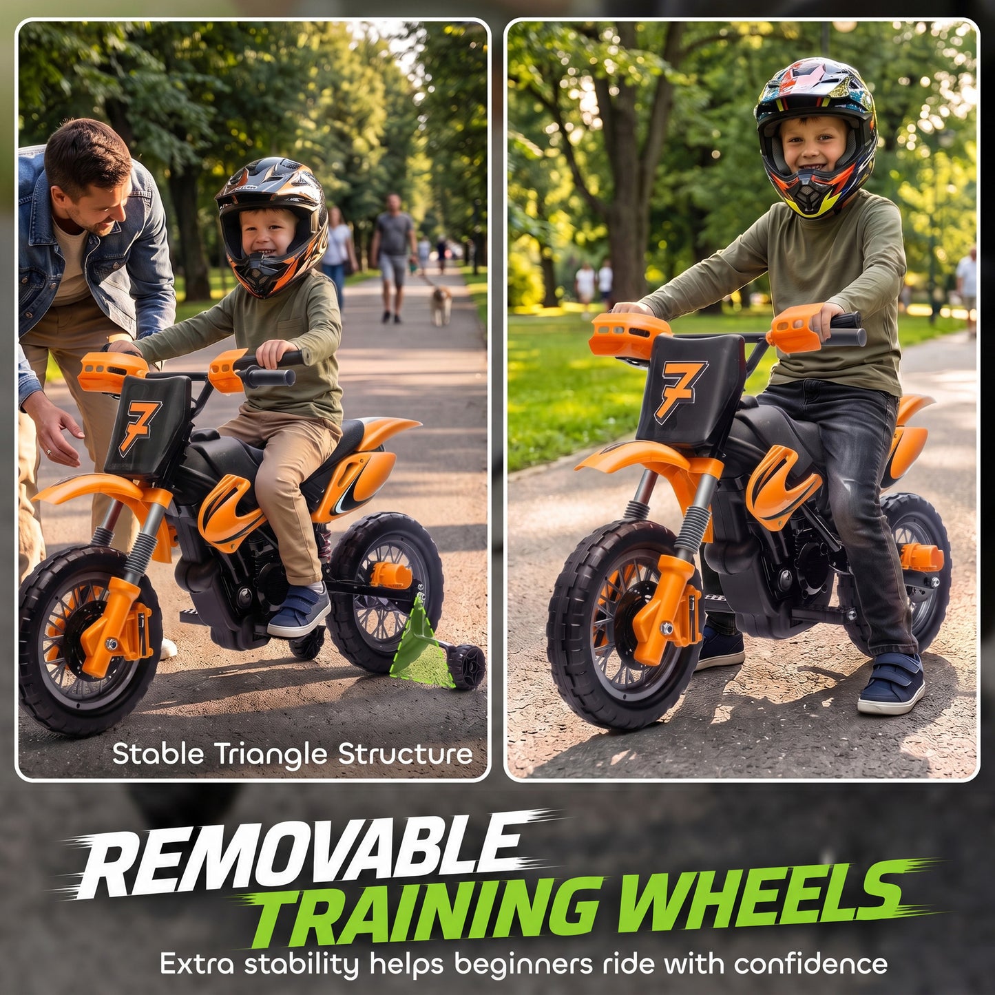 AIYAPLAY 12V Kids Electric Motorbike, Ride on Motorcycle with Dual Motors, Training Wheels, Rear Suspension for 3-6 Years, Orange