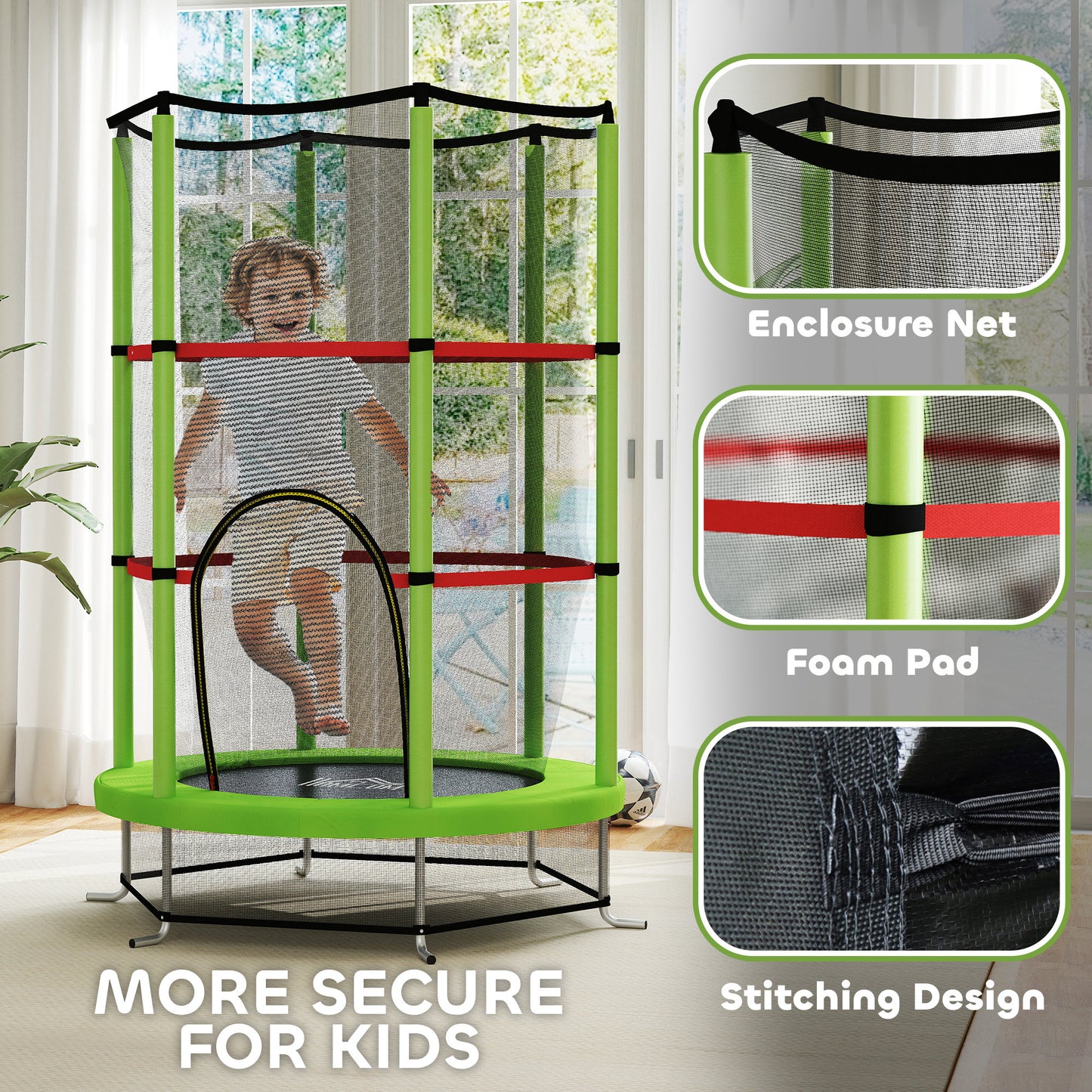 HOMCOM Kids Trampoline, with Enclosure Net, Steel Frame, for Ages 3-6 Years - Green