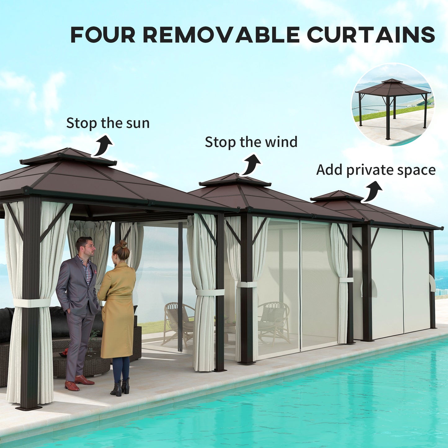 Outsunny Hardtop Gazebo, 3x3m, UPF30+ Polycarbonate Roof, Aluminum Frame, Mosquito Netting & Curtains for Patio/Deck, Beige
