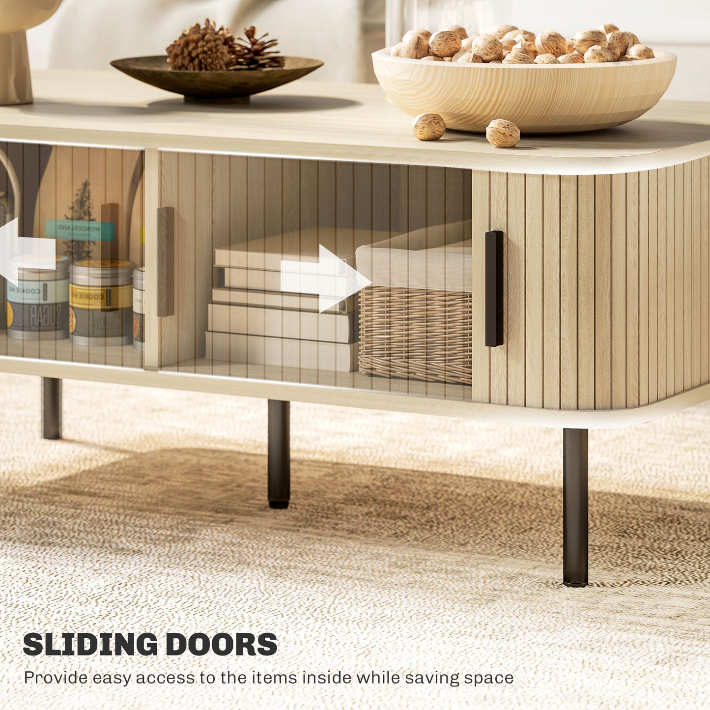 HOMCOM Coffee Table with Storage, Living Room Table with Slatted Tambour Sliding Doors and Foot Pads