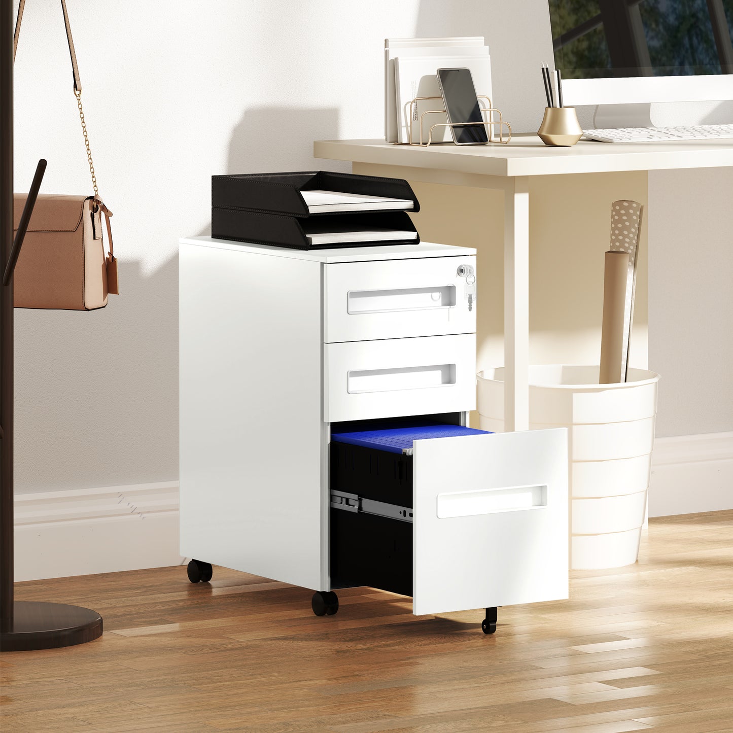 Vinsetto Metal Mobile File Cabinet with Wheels, Lockable 3 Drawer A4/Letter Under Desk Storage, Pre-Assembled, 30x43.5x60cm, White