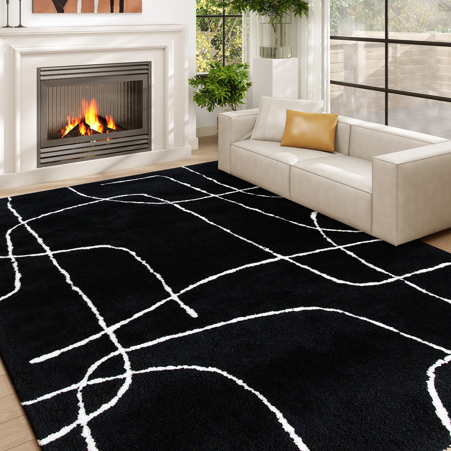 HOMCOM Fluffy Area Rug, Geometric Washable, Soft High Pile Carpet for Living Room, Bedroom, Dining, Office, 170 x 120 cm, Black