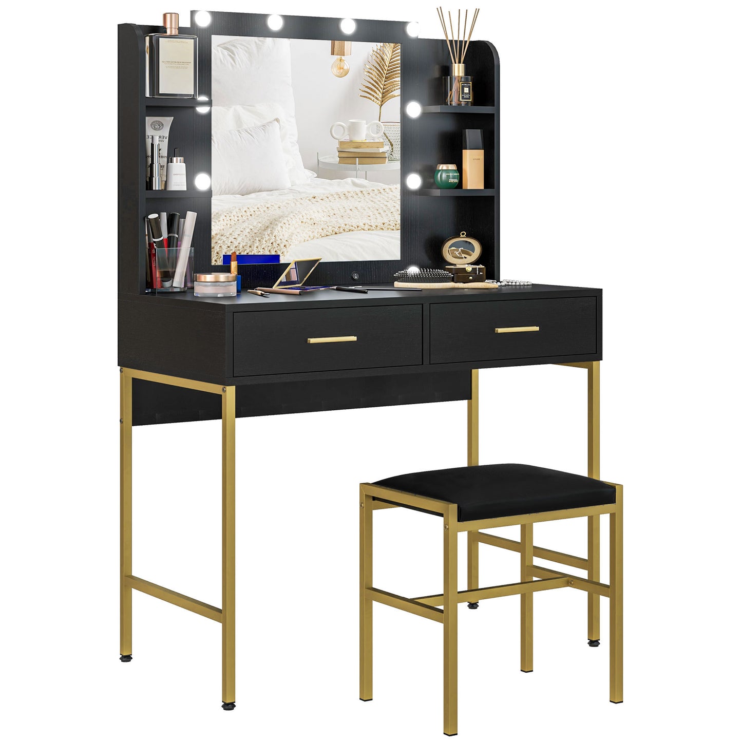 HOMCOM Dressing Table with Lighted Mirror, Cushioned Stool, Drawers, Shelves, Makeup Vanity Desk Set, Modern Dresser Vanity Table for Bedroom, Black