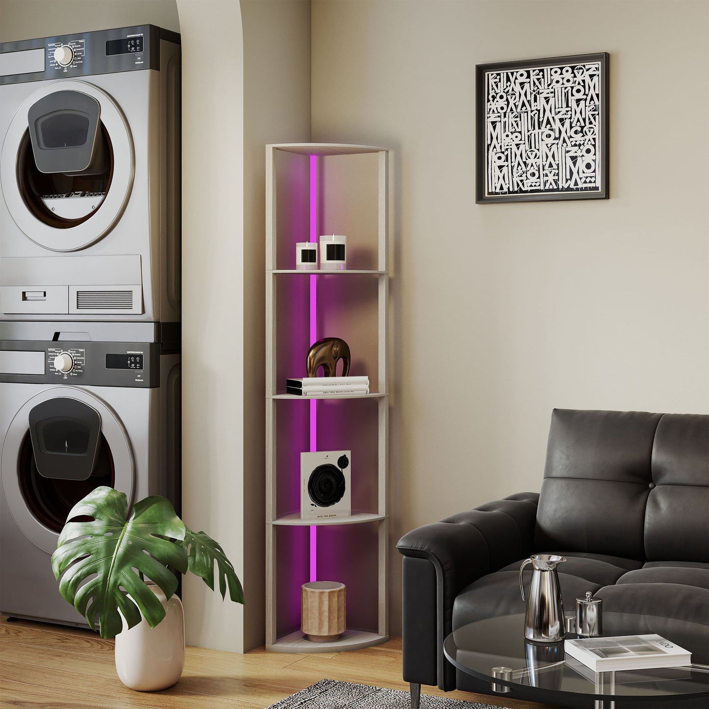 HOMCOM Oak RGB LED Floor Lamp with 5 Shelves, Dimmable, Remote Control, Modern Display Shelf for Living Room/Bedroom/Office