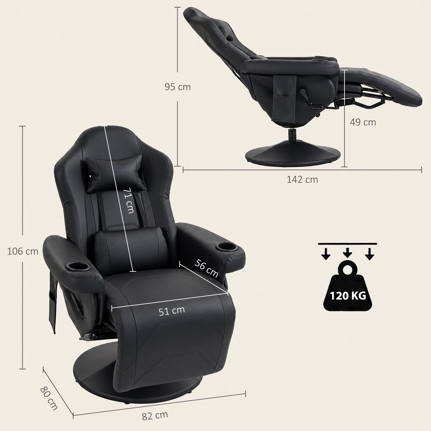 HOMCOM Manual Recliner Armchair PU Leather Lounge Chair w/ Adjustable Leg Rest, 135° Reclining Function, 360° Swivel, Black