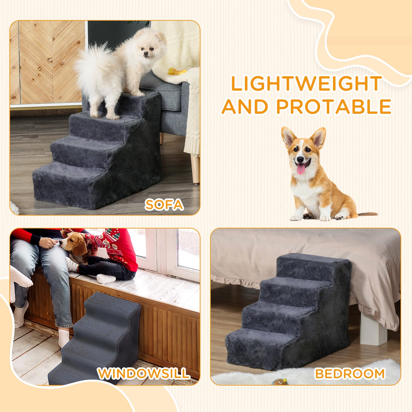 PawHut Four-Step Dog Stairs, with Washable Plush Cover, for High Bed Sofa, Dog Stairs for Small Dog and Cat - Dark Grey