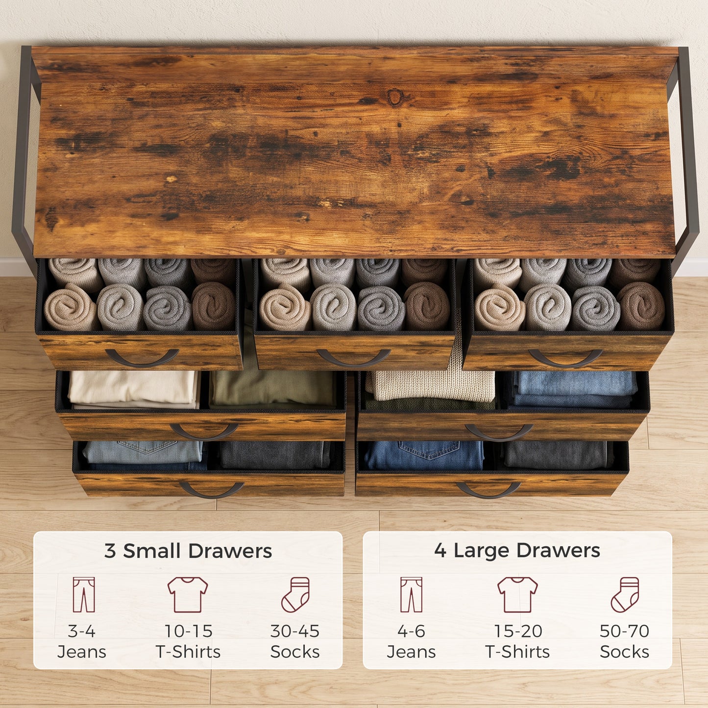 HOMCOM Chest of Drawers with 7 Drawers, Industrial Fabric Storage Unit with Top Shelf and Steel Frame for Bedroom, Rustic Brown