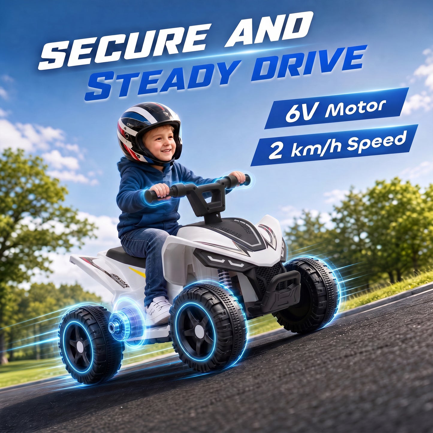 AIYAPLAY 6V Battery Powered Kids ATV, Quad Bike w/ Handlebar Button Control, Max 1.2MPH, Max 55lbs Load, for 18-48 Months, White