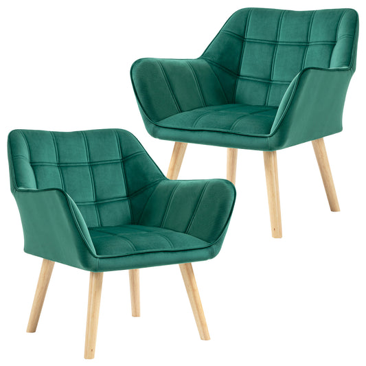 HOMCOM Armchair Set of 2, Accent Vanity Chair with Wide Arms, Slanted Back, Padded Metal Frame, Wooden Legs, Home Furniture, Green