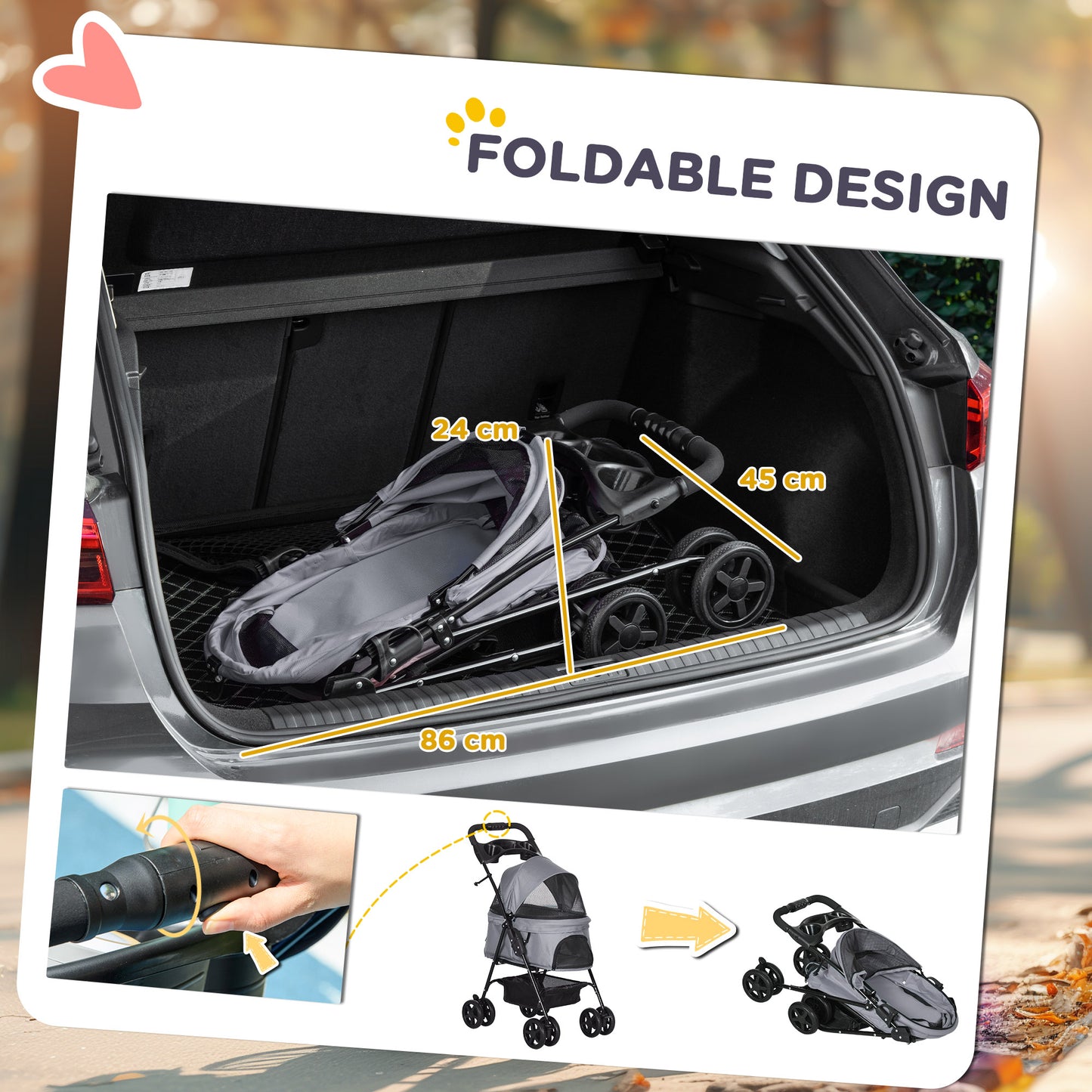 PawHut Pet Stroller No-Zip Foldable Travel Carriage with Brake Basket Adjustable Canopy