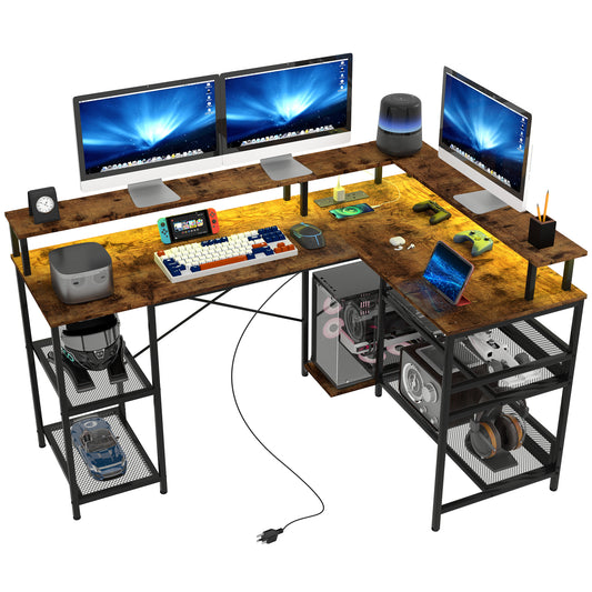 HOMCOM L Shaped Gaming Desk with LED Lights and Power Outlets, Rustic Brown