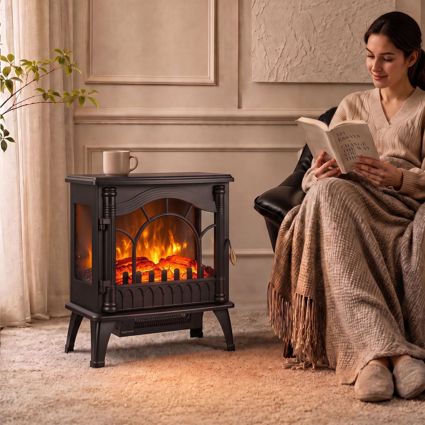 HOMCOM 3-Sided Glass Electric Fire Fan Heater, Electric Fireplace Stove Freestanding Log Burner with Flame Effect, Black