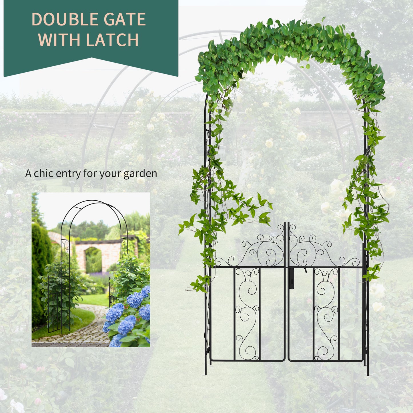 Outsunny Outdoor Garden Arch with Double Gates, Metal Arbor for Climbing Plants, 125L x 38W x 227H cm, Black