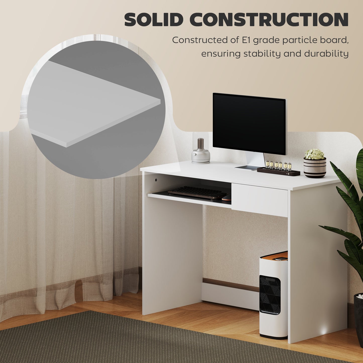 HOMCOM Compact Computer Desk with Keyboard Tray, Home Office Desk with Drawer for Bedroom Study, White